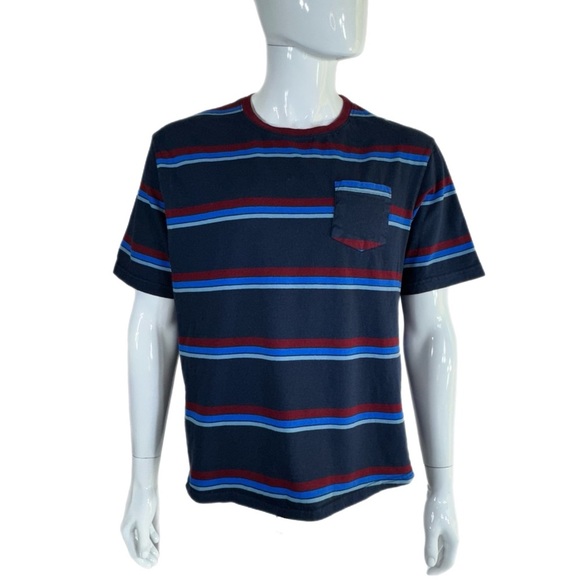 Distortion Men’s Blue Burgundy Striped Pocket Front Short Sleeve Tee - Picture 1 of 5